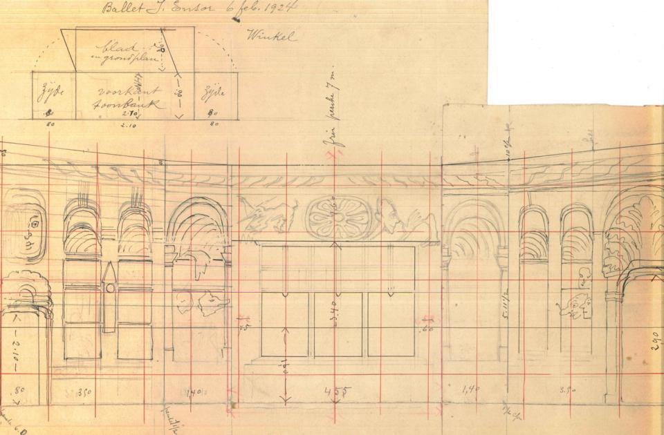 Jeroom Mees & Frans Proost, Decorontwerp (‘Winkel’) voor James Ensors Poppenliefde (La Gamme d’Amour), Vlaamse Opera, 1924. Collectie Museum Vleeshuis | Klank van de Stad.